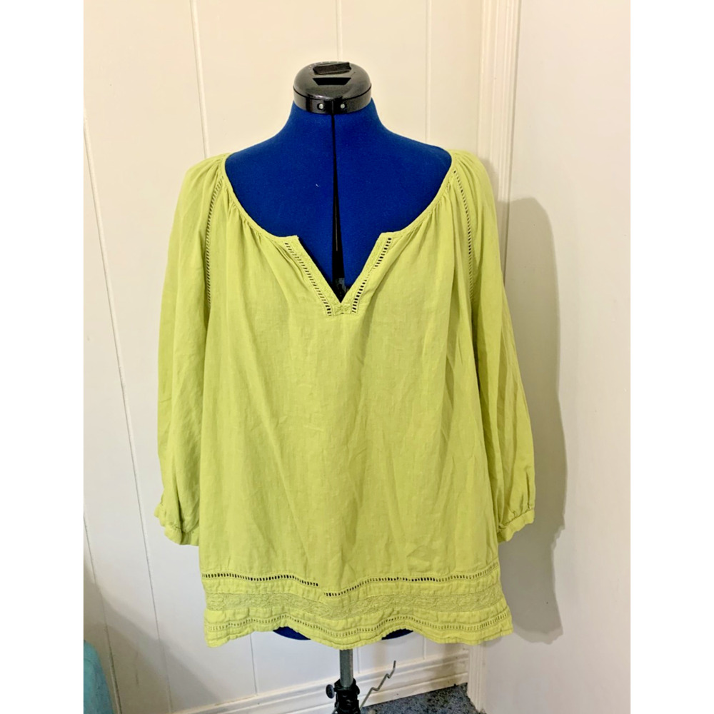 J. Jill Womens Lime Green Linen Blend Popover Top XL Split Neck Lace Trim Boho